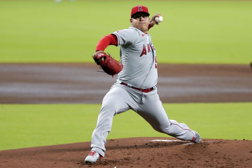 Angels starting pitcher Jose Suarez throws against the Houston Astros.