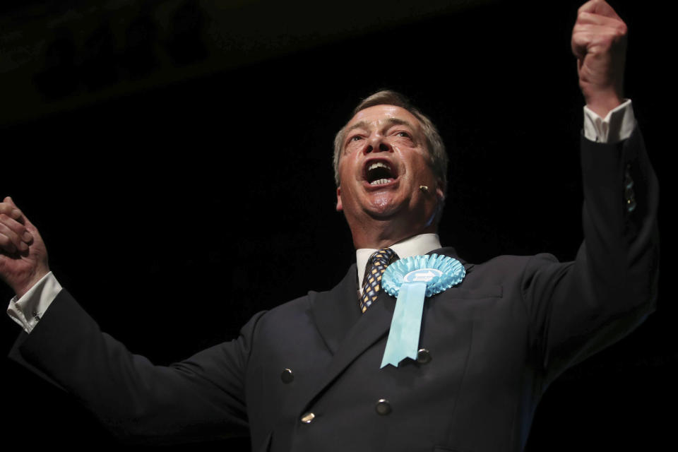 Brexit Party leader Nigel Farage speaks during a Brexit Party rally at the Broadway Theatre in Peterborough, England, Saturday June 1, 2019, ahead of the upcoming by-election. Peterborough is to hold a by-election on June 6 to find a replacement for MP Fiona Onasanya after she lost her seat through a recall petition. (Danny Lawson/PA via AP)