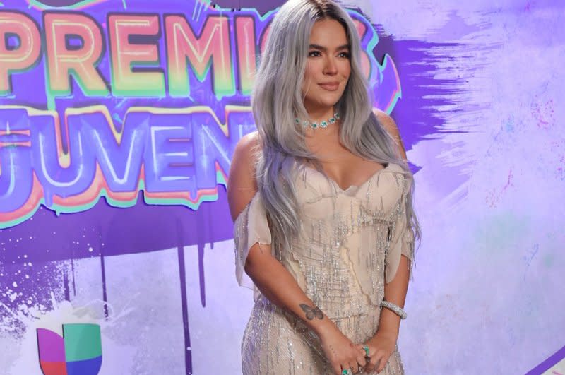 Karol G arrives at the 2021 Univision's Premios Juventud Awards show in Miami. File Photo by Gary I Rothstein/UPI