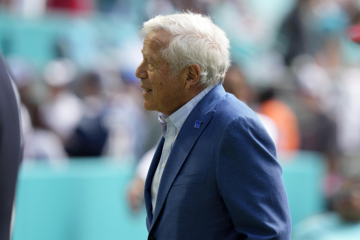 New England Patriots owner Robert Kraft walks on the field before an NFL football game against the Miami Dolphins, Sunday, Oct. 29, 2023, in Miami Gardens, Fla. (AP Photo/Lynne Sladky)