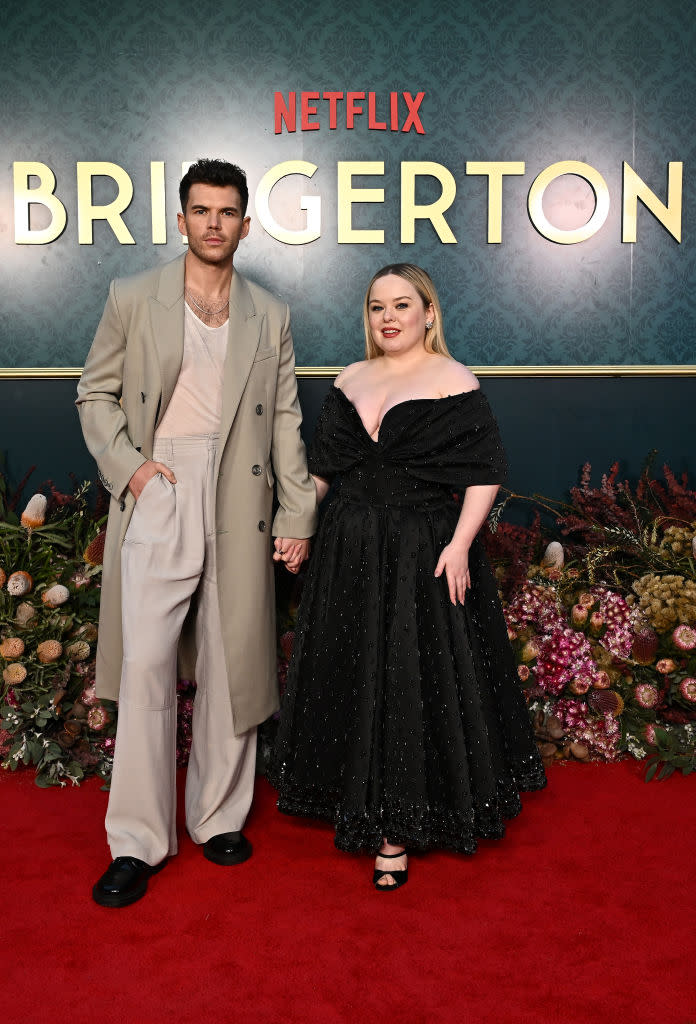 Luke Newton and Nicola Coughlan attend the premiere of "Bridgerton" season three on April 21 in Bowral, Australia, Richard Quinn, red carpet