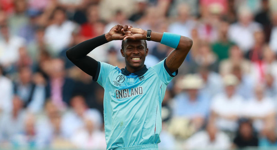 LONDON, ENGLAND - JUNE 25:  Jofra Archer of England looks frustrated after failing to take an early wicket during the Group Stage match of the ICC Cricket World Cup 2019 between England and Australia at Lords on June 25, 2019 in London, England. (Photo by David Rogers/Getty Images)