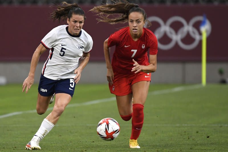 Longtime United States Women's National Team defender Kelley O'Hara (L) won two World Cups. File Photo by Mike Theiler/UPI