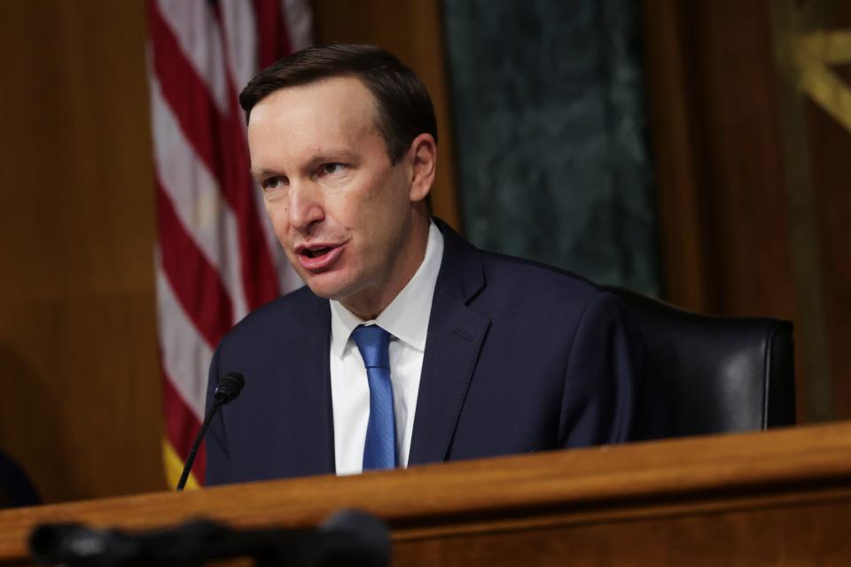 U.S. Sen. Chris Murphy (D-CT) questions U.S. Secretary of Homeland Security Alejandro Mayorka during a Senate Appropriations Subcommittee on Homeland Security hearing on Capitol Hill on May 04, 2022 in Washington, DC.