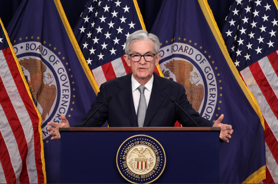 WASHINGTON, DC - NOVEMBER 01: Federal Reserve Board Chairman Jerome Powell speaks during a news conference after a Federal Open Market Committee meeting on November 01, 2023 at the Federal Reserve in Washington, DC. The Federal Reserve left interest rates unchanged at a range of 5.25 percent to 5.50 percent, keeping rates the highest they have been in 23 years. (Photo by Kevin Dietsch/Getty Images)