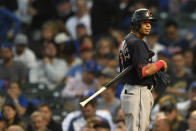 Cleveland Indians' Cesar Hernandez reacts after striking out during the third inning of a baseball game against the Chicago Cubs Tuesday, June 22, 2021, in Chicago. Chicago won 7-1. (AP Photo/Paul Beaty)