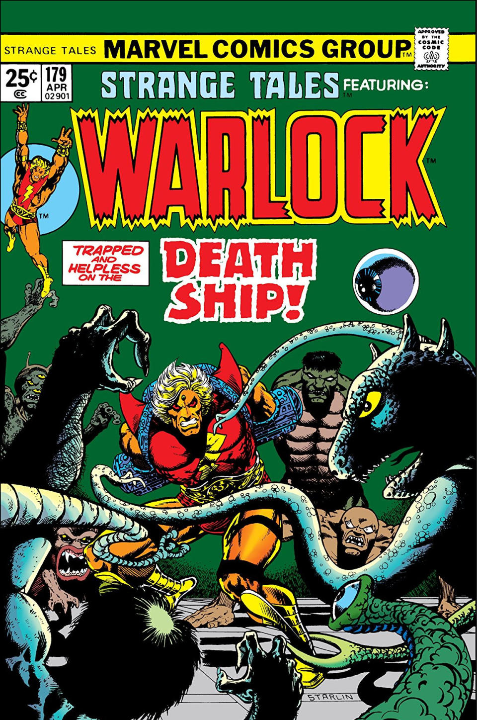 The cover for Strange Tales #179 shows Adam Warlock fighting giant monsters with the caption Trapped and helpless on the Death Ship