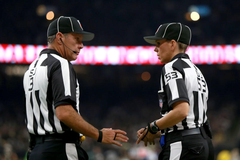 Officials during Sunday’s Browns-Saints game reportedly got an earful from a sideline reporter, who was subsequently suspended. (Getty)