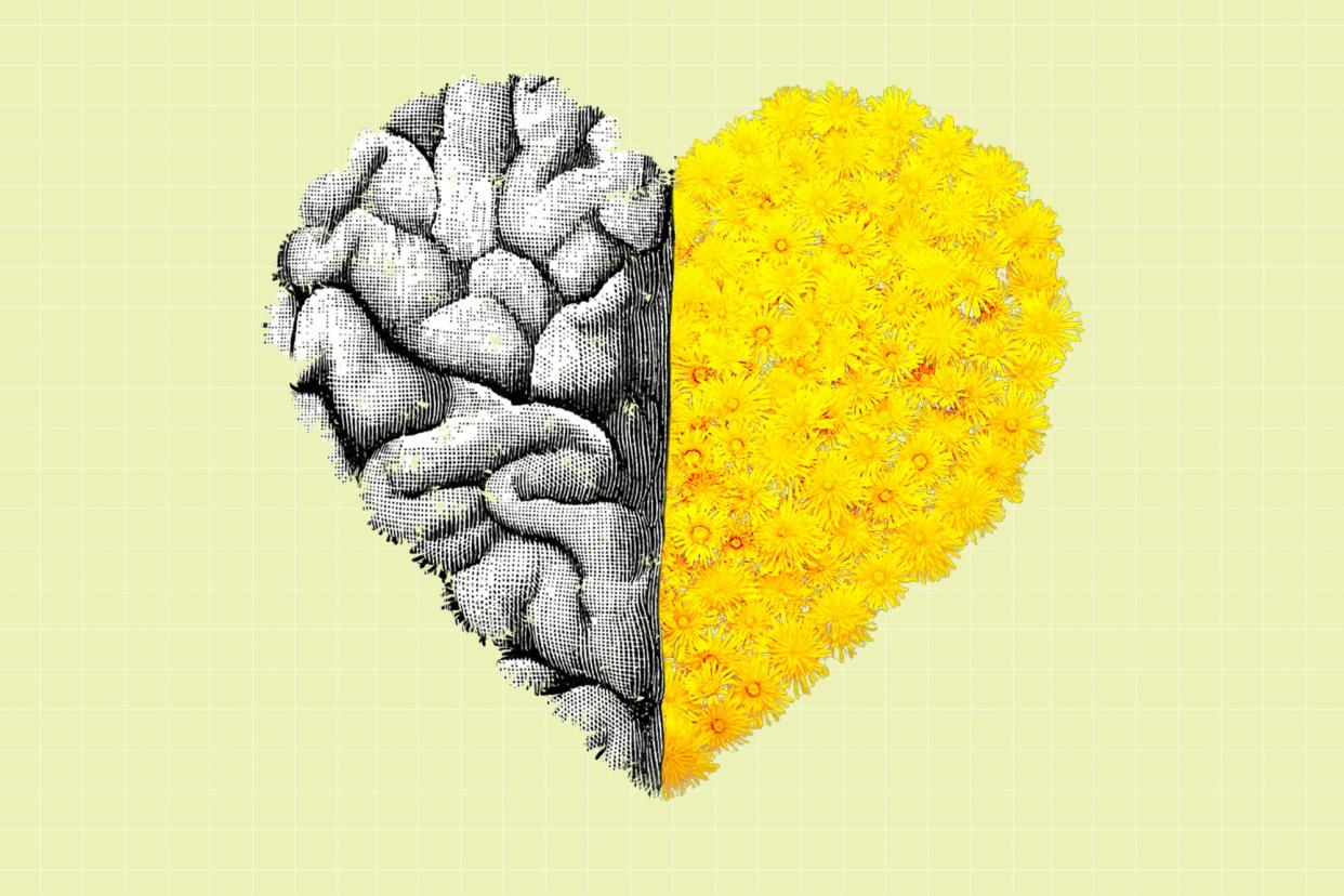 a heart made up of flowers and the texture of a brain on a designed background