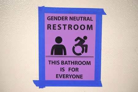 The first gender-neutral restroom in the Los Angeles school district is seen at Santee Education Complex high school in Los Angeles, California, April 18, 2016. REUTERS/Lucy Nicholson/Files