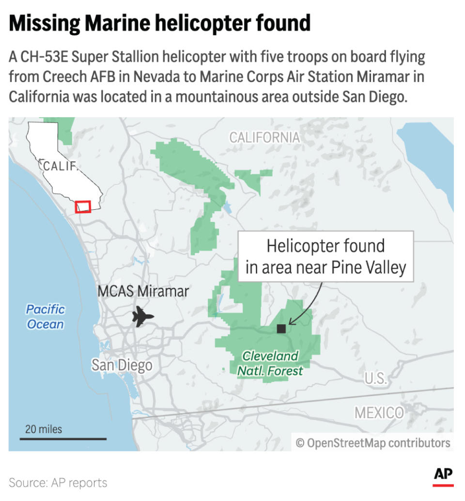 Crews on Wednesday located an overdue Marine Corps helicopter in mountainous terrain near the southern California base to which it was returning. (AP Digital Embed)