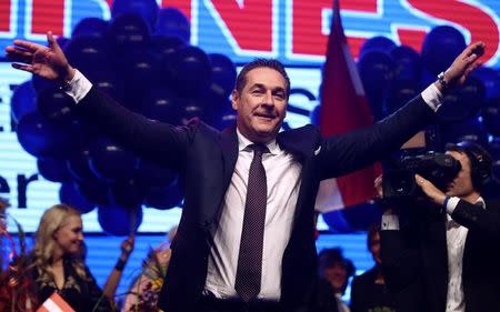 Top candidate and head of far-right Freedom Party (FPOe) Heinz-Christian Strache attends his party meeting after Austria's general election in Vienna, Austria, October 15, 2017. REUTERS/Michael Dalder