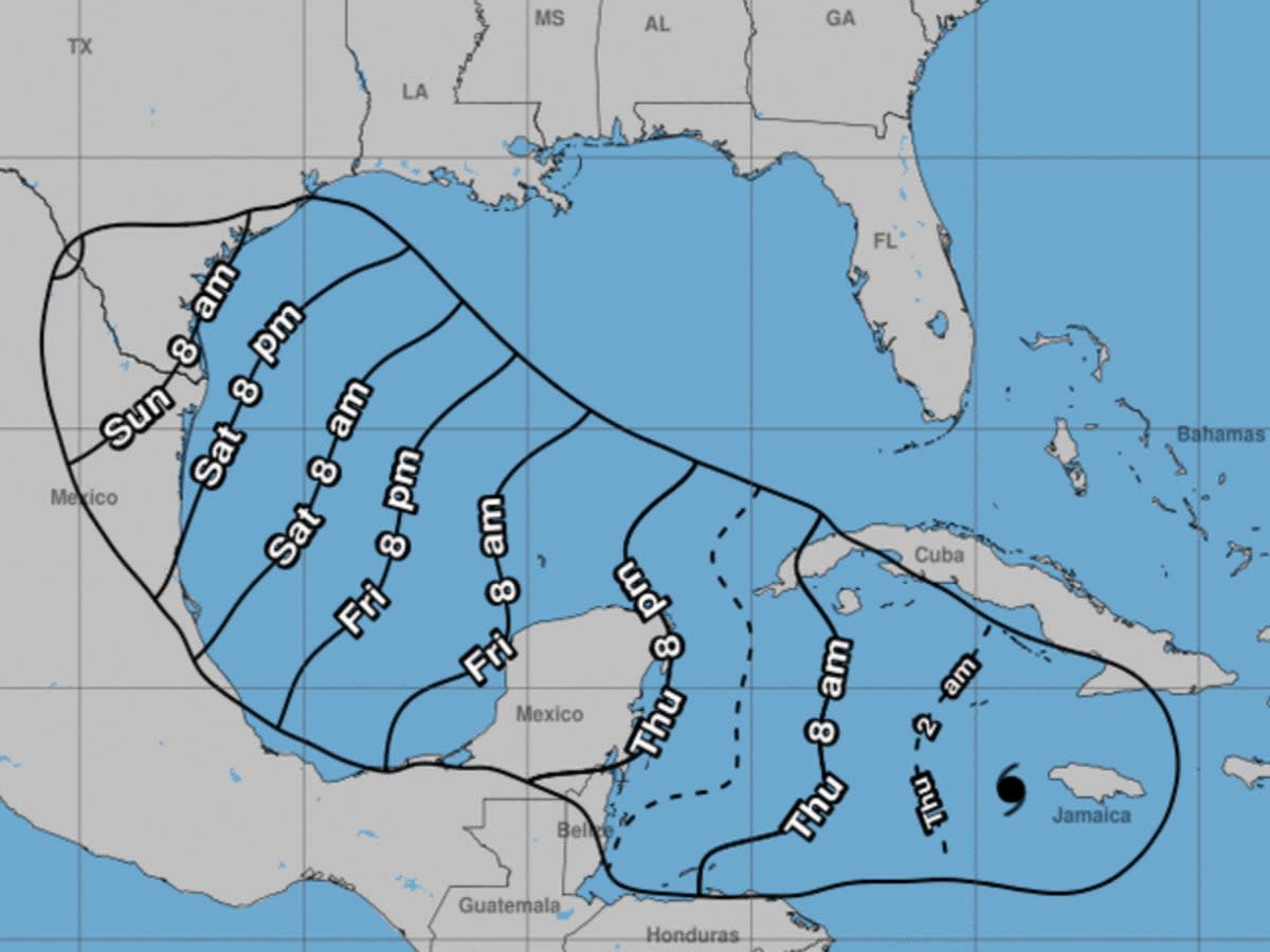 Expected arrival times of Hurricane Beryl winds, in EDT (National Hurricane Center)