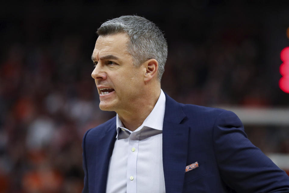 Virginia head coach Tony Bennett reacts to a call during an NCAA college basketball game against Duke Saturday, Feb. 29, 2020, in Charlottesville, Va. (AP Photo/Andrew Shurtleff)