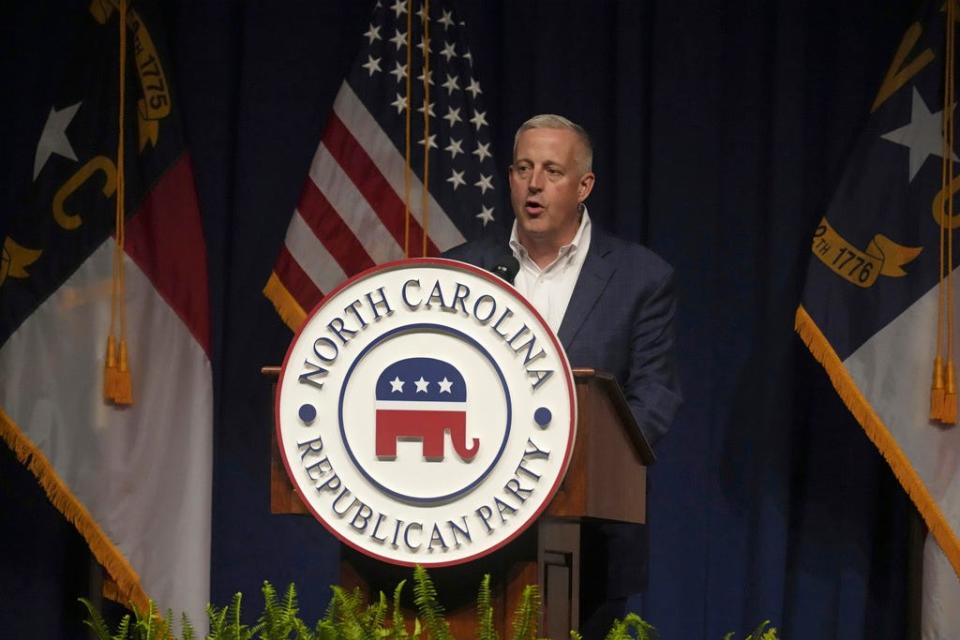 North Carolina GOP Chairman Michael Whatley speaks at the state party's convention on June 9, 2023, in Greensboro, N.C.