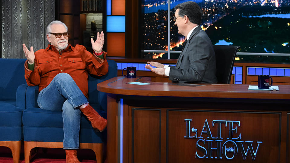 NEW YORK - APRIL 10: The Late Show with Stephen Colbert and guest Brian Cox during Monday's April 10, 2023 show. (Photo by Scott Kowalchyk/CBS via Getty Images)