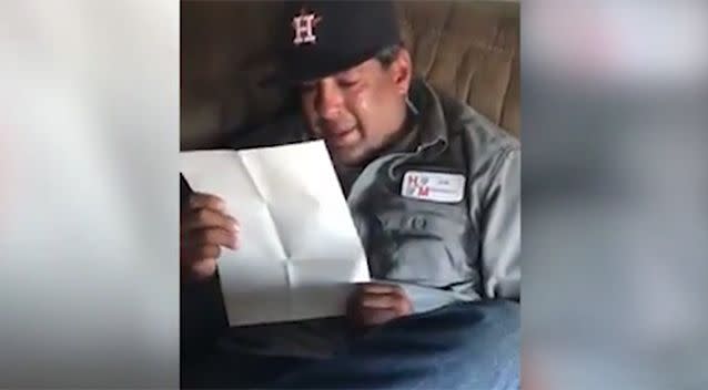 Tudy begins to cry as he reads the letter aloud. Source: Angel Trevino/ Facebook