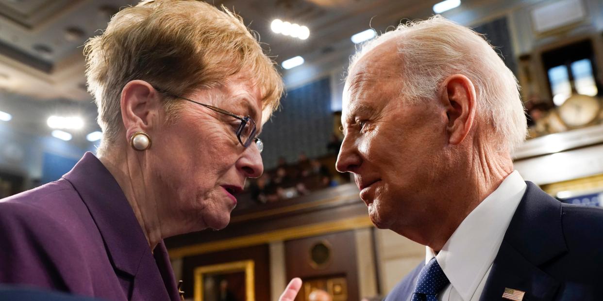 Democratic Rep. Marcy Kaptur of Ohio speaks with President Joe Biden following the State of the Union address in February 2023.