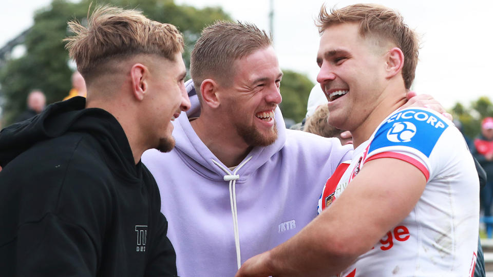 Jack De Belin reacts speaks with teammates Zac Lomax and Matt Dufty making his rugby league return after his years-long court battle over sexual assault charges. (Photo by Jeremy Ng/Getty Images)