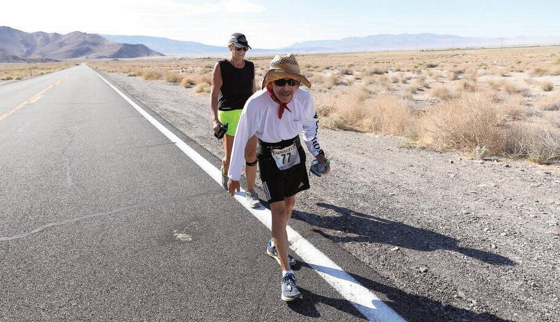 Bob Becker, 77, makes his way towards Lone Pine during the Badwater 135 race. He missed the 48-hour cutoff time by less than 18 minutes.