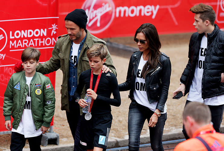 <br>The whole family donned matching tees to cheer Romeo on during the London marathon. "Well done Romeo!! We r all so proud!! Running @londonmarathon for UNAIDS and 7 Fund x vb".