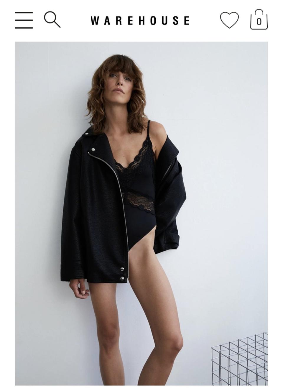 Warehouse advert featuring a model wearing an oversized jacket and bodysuit (ASA)