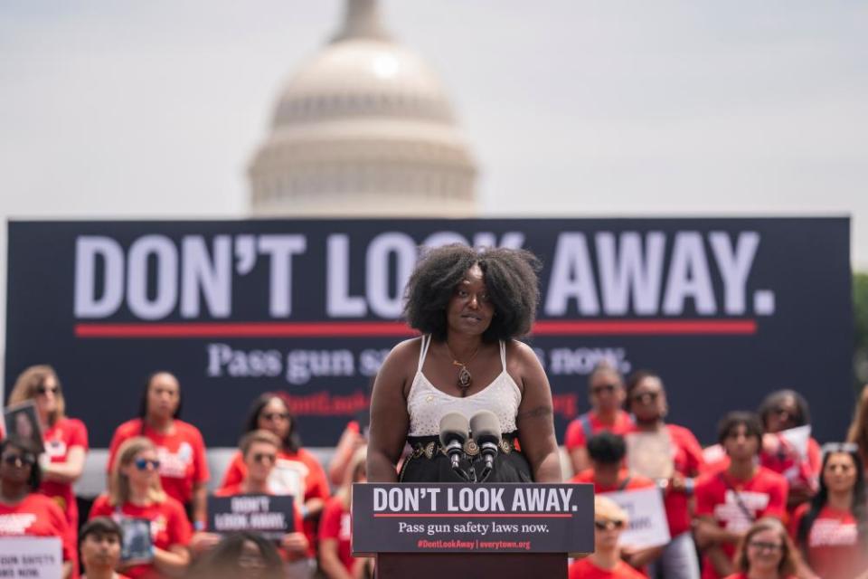 Zeneta Everhart speaks about her son during the Moms Demand Action Gun Violence Rally in June 2022 in Washington DC.