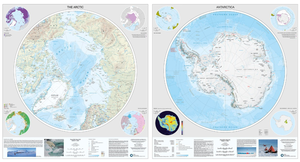 New maps of the Arctic (left) and Antarctica (right) released by the British Antarctic Survey. 