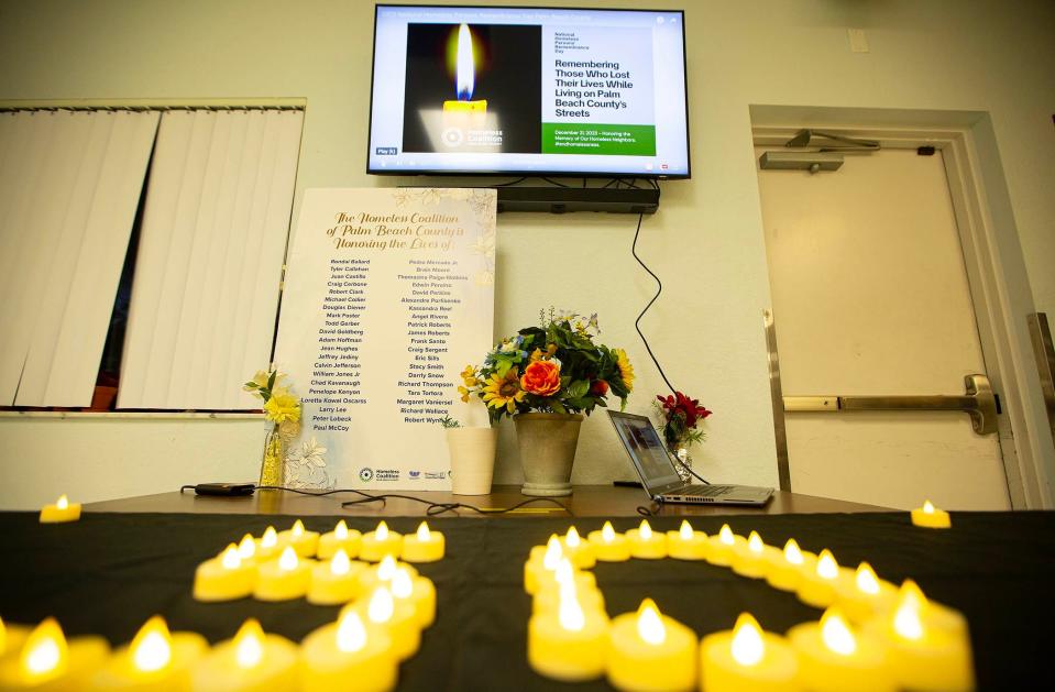 The Palm Beach County Homeless Coalition takes part in a National Homeless Persons' Remembrance Day event at the Senator Philip D. Lewis Center on Thursday in West Palm Beach.