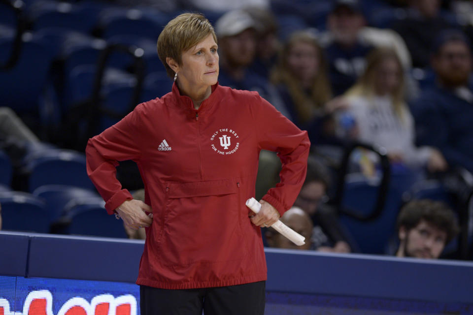 FILE - Indiana coach Teri Moren watches the action on the court during the second half of an NCAA college basketball game against Penn State, Thursday, Dec. 8, 2022, in State College, Pa. Players having extra eligibility from the COVID-19 pandemic has first-year players facing more fifth and sixth-year players, creating a bigger gap to overcome in experience and strength than before..“Spend as much time with those freshmen as you can,” Indiana coach Teri Moren said. (AP Photo/Gary M. Baranec, File)