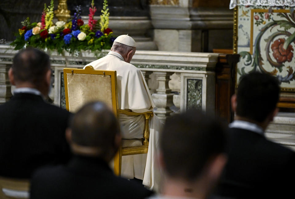 Pope Francis prays in the Gregorian Chapel in St. Peter's Basilica at the Vatican, Saturday, May 1, 2021. Pope Francis led a special prayer service Saturday evening to invoke the end of the pandemic. (Riccardo Antimiani/Pool photo via AP)