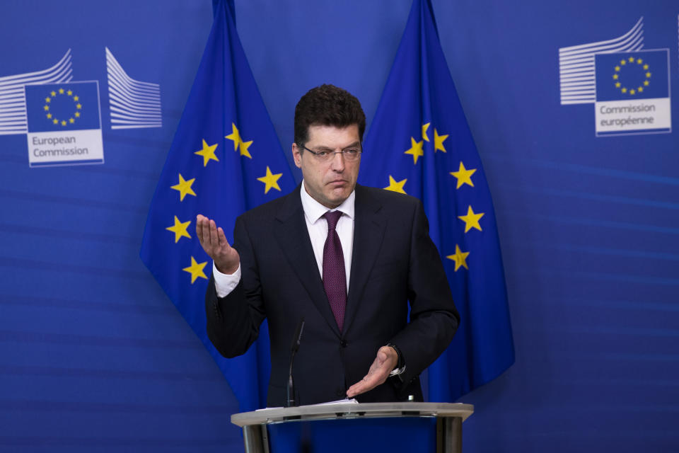 FILE - In this Tuesday, April 7, 2020 file photo, European Commissioner for Crisis Management Janez Lenarcic talks during a news conference at the EU headquarters during a partial lockdown against the spread of the COVID-19 coronavirus in Brussels. Slovenia Prime Minister Janez Jansa on Friday July 23, 2021, accused the European Union official of being a liar in the wake of the publication this week of an annual report on adherence to the rule of law in the bloc that highlighted democratic challenges in the Balkan nation. (AP Photo/Francisco Seco, Pool, File)