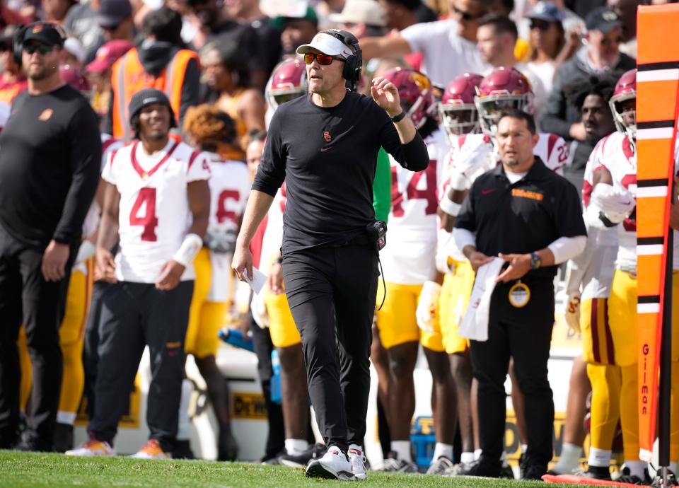 Southern California coach Lincoln Riley watches his team play against Colorado at Folsom Field, Saturday, Sept. 30, 2023, in Boulder, Colo.