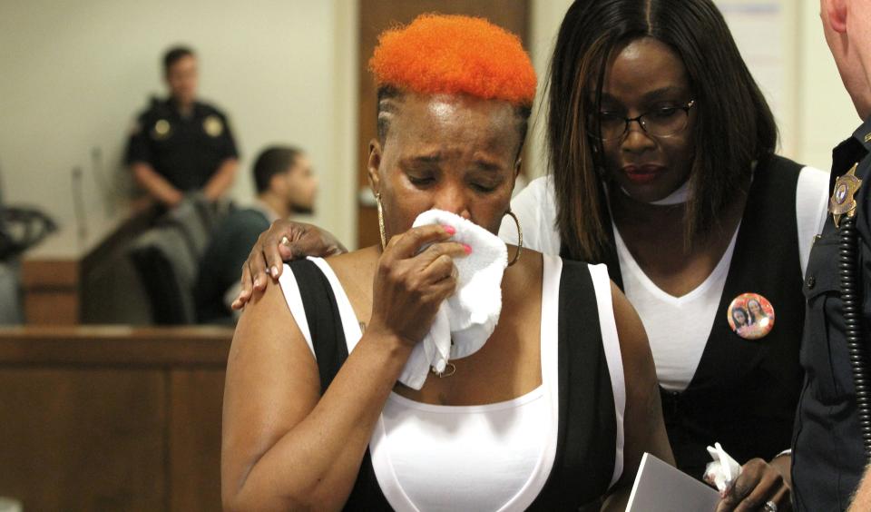 Cecille Bennett Downy (right) consoles her sister Carol Bennett as she wipes tears away after addressing the court during the sentencing for Andreas Erazo who pled guilty to murdering her daughter Abbiegail Smith. Erazo was sentenced Friday, May 31, 2019, to a life prison term for the murder of the 11-year-old girl in Keansburg. 