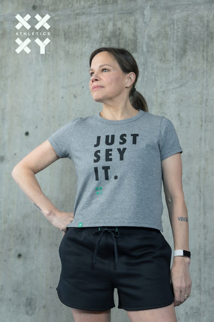 Jennifer Sey has launched athletic apparel brand XX-XY Athletics, which stands for the protection of women’s sports. Here, she models one of the T-shirts. Courtesy of XX-XY