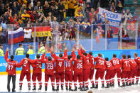 <p>Gold medal winners Olympic Athletes from Russia celebrate during the medal ceremony after defeating Germany 4-3 in overtime during the Men’s Gold Medal Game on day sixteen of the PyeongChang 2018 Winter Olympic Games at Gangneung Hockey Centre on February 25, 2018 in Gangneung, South Korea. (Photo by Alexander Hassenstein/Getty Images) </p>