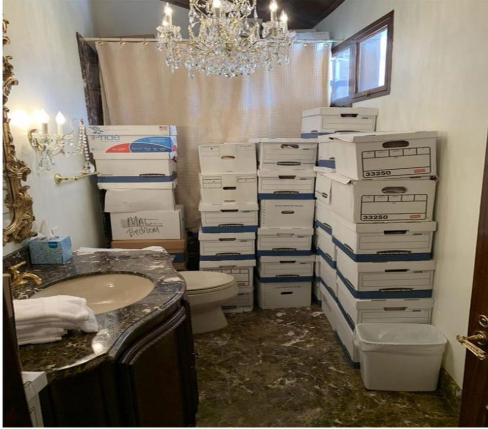 Classified documents were stored in the bathroom and shower of what appears to be a guest suite at Mar-a-Lago in Palm Beach, Florida.