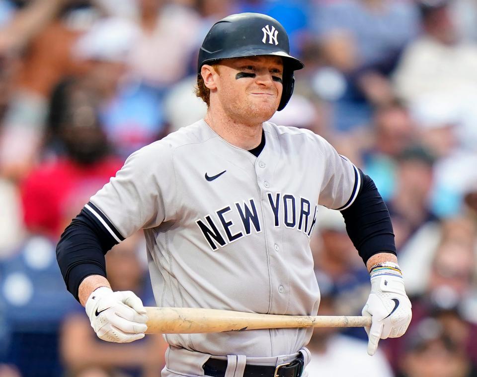 FILE - In this June 13, 2021, file photo, New York Yankees' Clint Frazier reacts after striking out against Philadelphia Phillies pitcher Aaron Nola during the eighth inning of a baseball game in Philadelphia. Yankees manager Aaron Boone is not certain that Frazier will be able to play baseball again after the outfielder was pulled from a minor league rehab assignment amid continuing issues with his vision. (AP Photo/Matt Slocum, File)