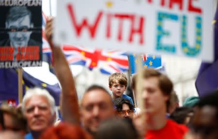 Pro-EU supporters, calling on the government to give Britons a vote on the final Brexit deal, participate in the 'People's Vote' march in central London, Britain June 23, 2018. REUTERS/Henry Nicholls