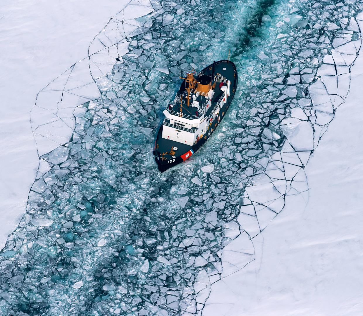 The USCGC Mobile Bay breaks ice to prepare regional waterways for tanker movements on March 16, 2022, on Green Bay northeast of Marinette, Wis. In 1979, the U.S. and Canadian coast guards had 20 icebreakers stationed throughout the Great Lakes. Now, there are only 11.