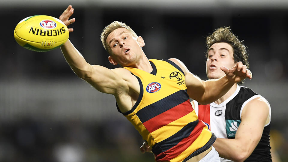 Adelaide's David Mackay was found to have contested the ball in a reasonable fashion when he collided with St Kilda's Hunter Clark last weekend. (Photo by Albert Perez/AFL Photos/via Getty Images)