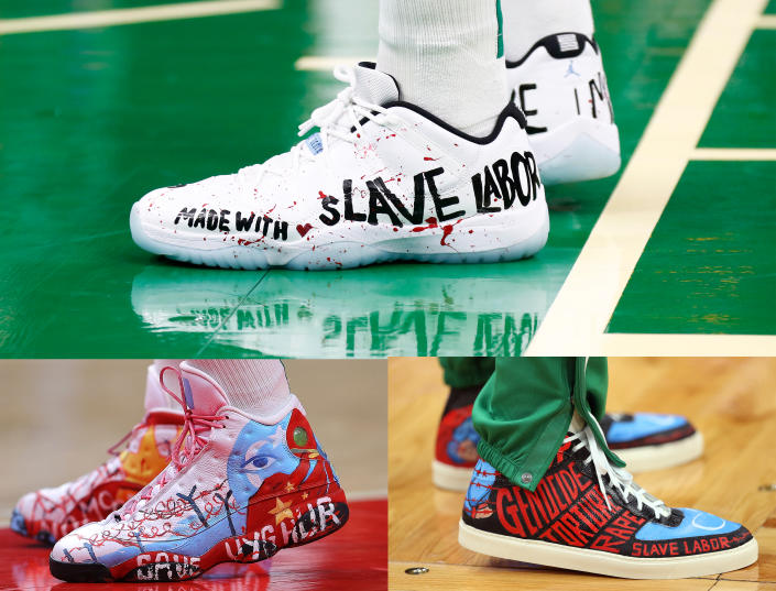 Kanter Freedom&#39;s shoes, emblazoned with Made With Slave Labor and other slogans. 