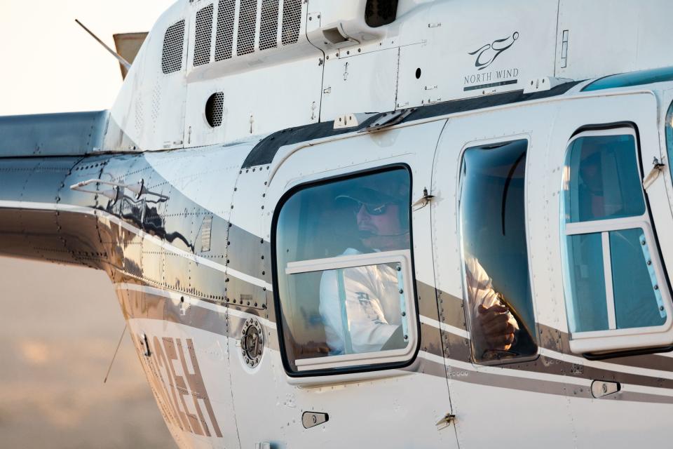 Helicopters carrying the sample recovery team take off to collect the capsule containing a sample collected from the Bennu asteroid as part of NASA’s Osiris-Rex mission at the U.S. Army’s Dugway Proving Ground in Dugway on Sunday, Sept. 24, 2023. | Megan Nielsen, Deseret News