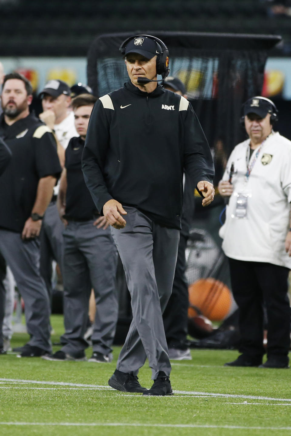 Army head coach Jeff Monken walks on the sidelines against Air Force in the second half of an NCAA college football game in Arlington, Texas, Saturday, Nov. 6, 2021. (AP Photo/Tim Heitman)