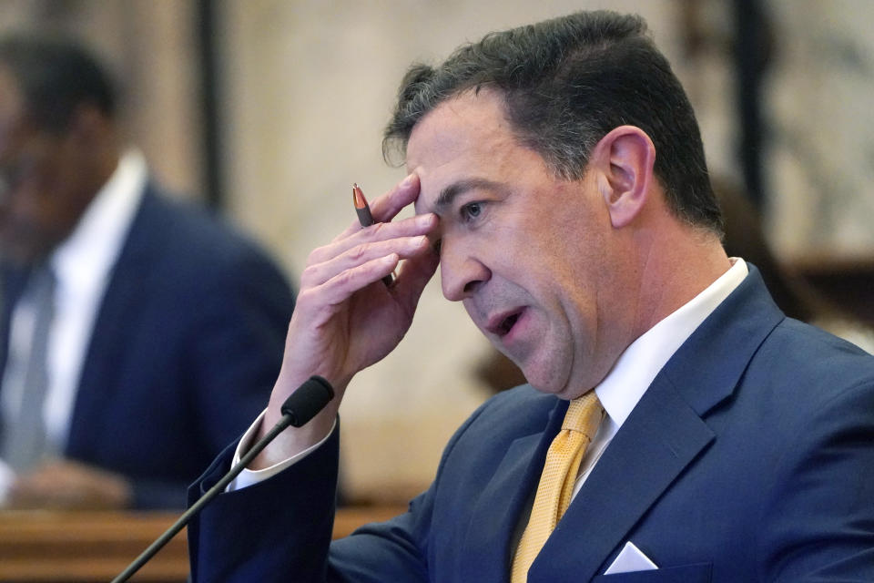 State Sen. Chris McDaniel, R-Ellisville, speaks Wednesday, March 9, 2022, at the Mississippi Capitol before the state Senate passed a version of a bill that says Mississippi government entities could not withhold services or refuse jobs to people who choose not to get vaccinated against COVID-19. The bill will go to final negotiations between the House and Senate. (AP Photo/Rogelio V. Solis)