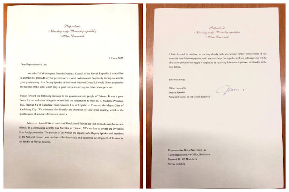 外交部提供，斯洛伐克副議長勞倫契克致函我國駐斯洛伐克代表李南陽大使的影本。