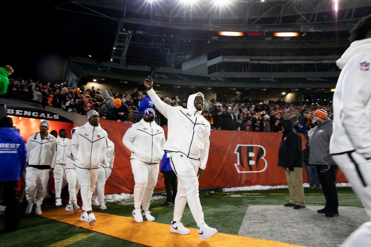 Cincinnati Bengals center Trey Hill (63) comes out onto the field during the Super Bowl LVI Opening Night Fan Rally, Monday, Feb. 7, 2022, at Paul Brown Stadium in Cincinnati.