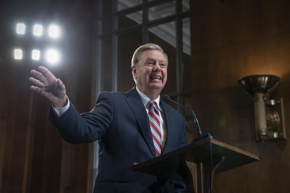 Senate Judiciary Committee Chairman Lindsey Graham, R-S.C., an ally of President Donald Trump, announces his proposal to revamp laws that affect the increase of Central American migrants seeking asylum to enter the U.S., on Capitol Hill in Washington, Wednesday, May 15, 2019. (AP Photo/J. Scott Applewhite)