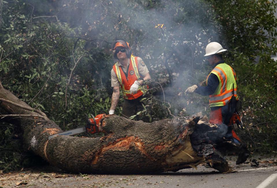 California State Park employees use chainsaws to remove a tree that fell on Highway 1 during a wildfire in Big Sur