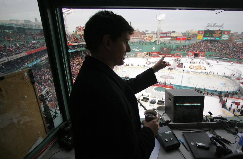 Radio announcer Dave Goucher at the 2010 NHL Winter Classic at Fenway Park between the Boston Bruins and Philadelphia Flyers.